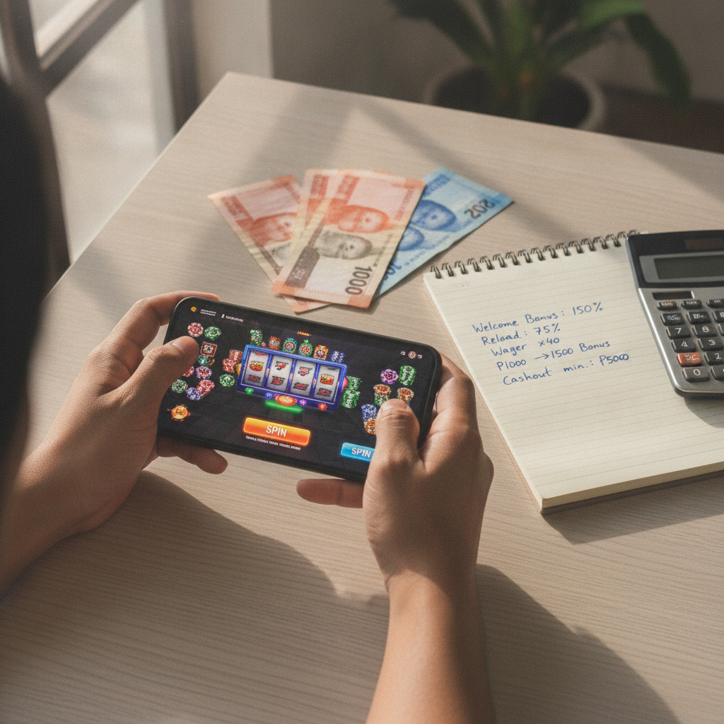 Person comparing Majestic Win casino bonus offers on smartphone with notes and peso cash